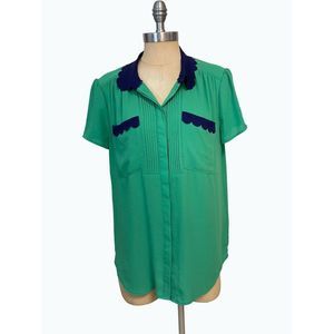 Anthropologie HD in Paris Women's Scallop Green Blue Trim Button Up Blouse 10